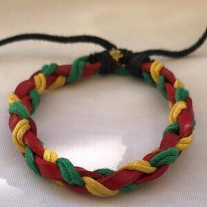 Ghana Flag Colors Braided Leather Handmade Bracelet Adjustable Wristband